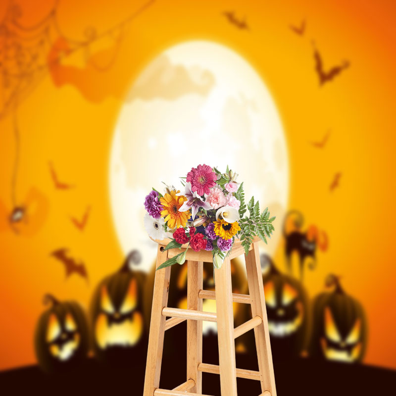 Aperturee - Cartoon Pumpkin Spider Moon Golden Halloween Backdrop