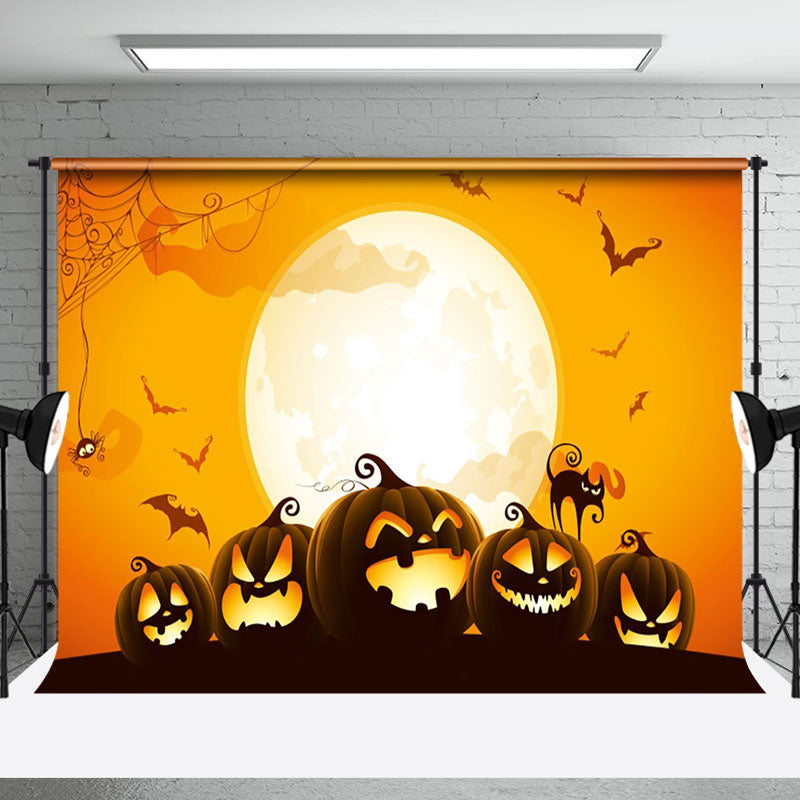 Aperturee - Cartoon Pumpkin Spider Moon Golden Halloween Backdrop