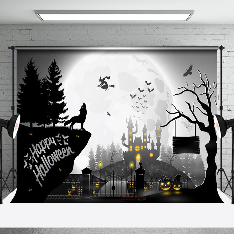 Aperturee - Cartoon Spooky Castle Wolf Witch Halloween Backdrop