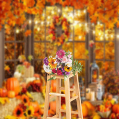 Aperturee - Wreath Pumpkin Window Autumn Photography Backdrop