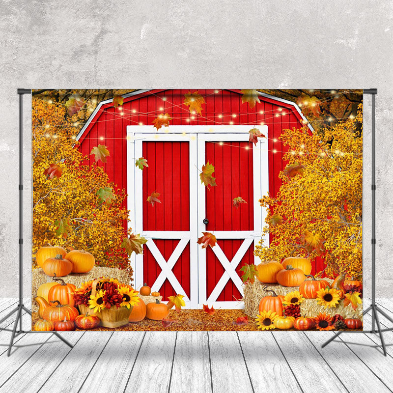 Aperturee - Red Barn Door Pumpkins Fall Photography Backdrop