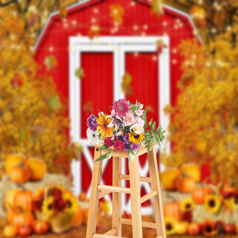 Aperturee - Red Barn Door Pumpkins Fall Photography Backdrop