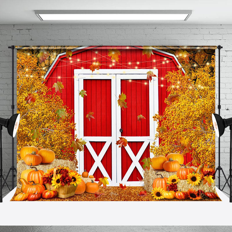 Aperturee - Red Barn Door Pumpkins Fall Photography Backdrop