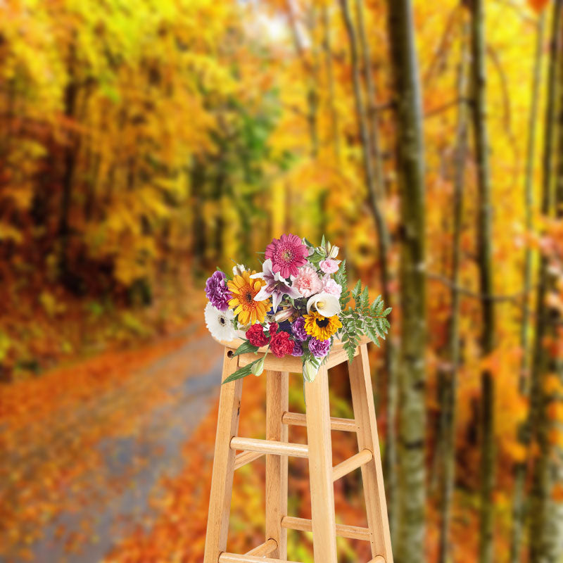 Aperturee - Autumn Forest Road Fallen Leaves Photography Backdrop