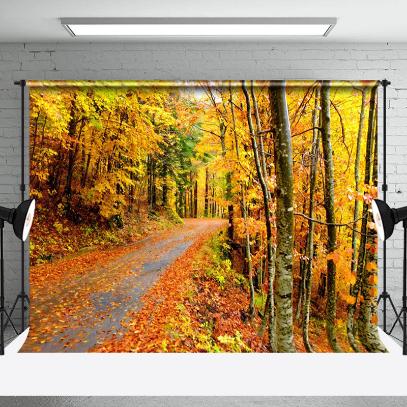 Aperturee - Autumn Forest Road Fallen Leaves Photography Backdrop