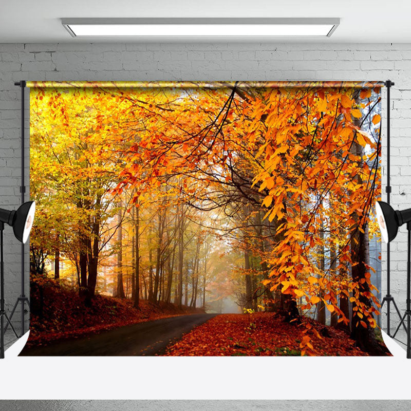 Aperturee - Forest Road Covered With Red Fallen Leaves Backdrop