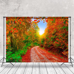 Aperturee - Autumn Red And Green Leaves Forest Photo Backdrop