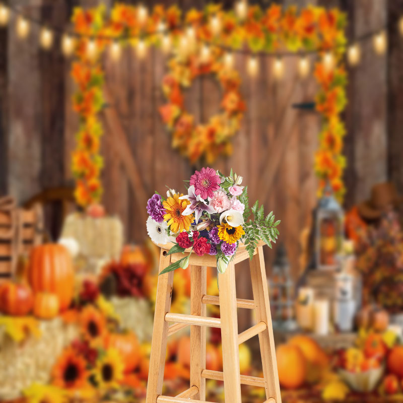 Aperturee - Wooden Door Maple Leaf Wreath Pumpkin Autumn Backdrop