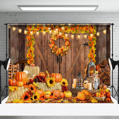 Aperturee - Wooden Door Maple Leaf Wreath Pumpkin Autumn Backdrop