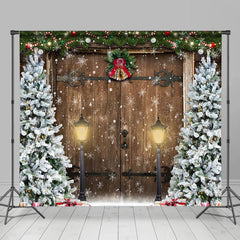 Aperturee - Aperturee Xmas Tree Retro Wooden Door Snowy Christmas Backdrop