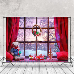 Aperturee - Aperturee Sunset Snowy Window Scene Merry Christmas Backdrop