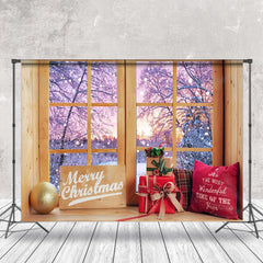 Aperturee - Aperturee Sunset Snowy Scene Wooden Window Christmas Backdrop