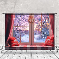 Aperturee - Aperturee Sunset Forest Cozy Bay Window Christmas Backdrop