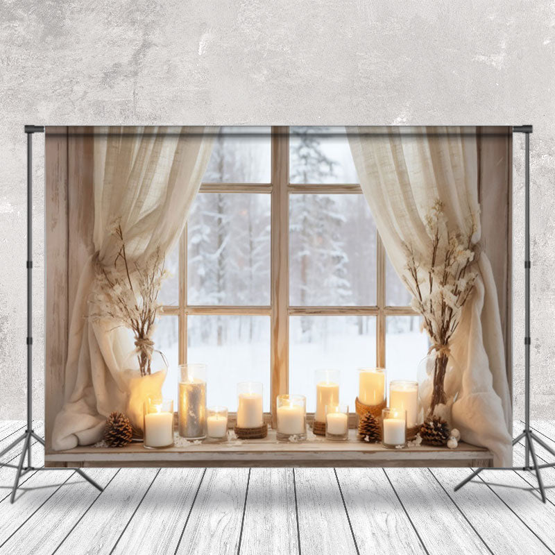 Aperturee - Aperturee Beige Curtain Candlelight Window Christmas Backdrop