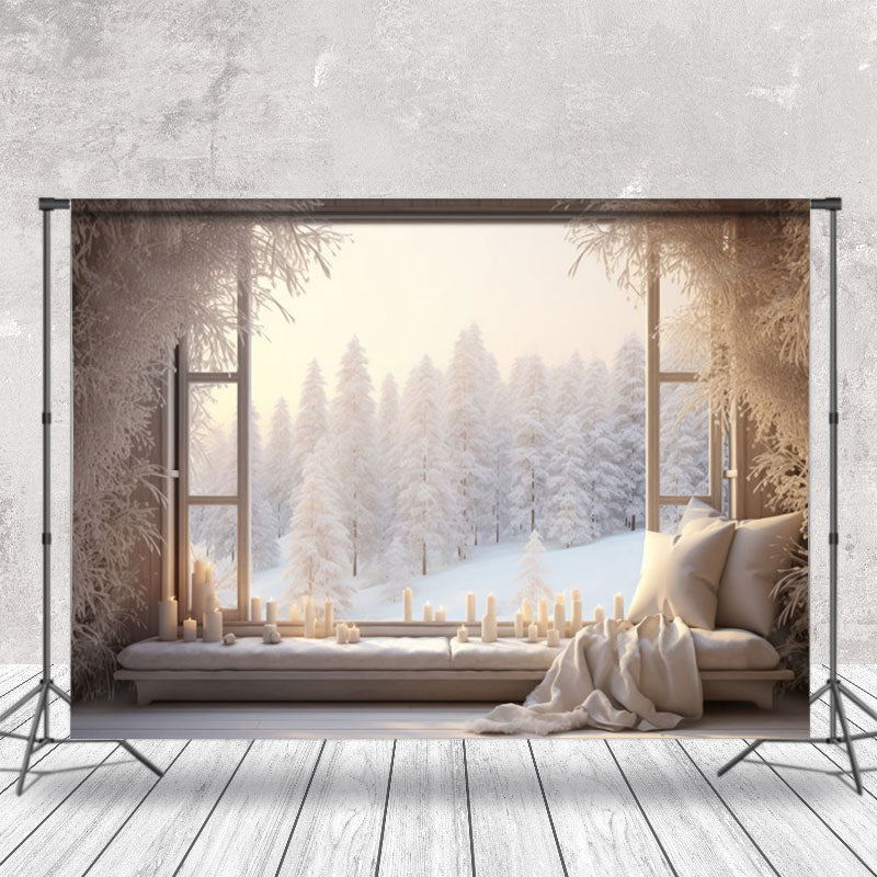 Aperturee - Aperturee Holy White Snwoy Forest Window Christmas Backdrop