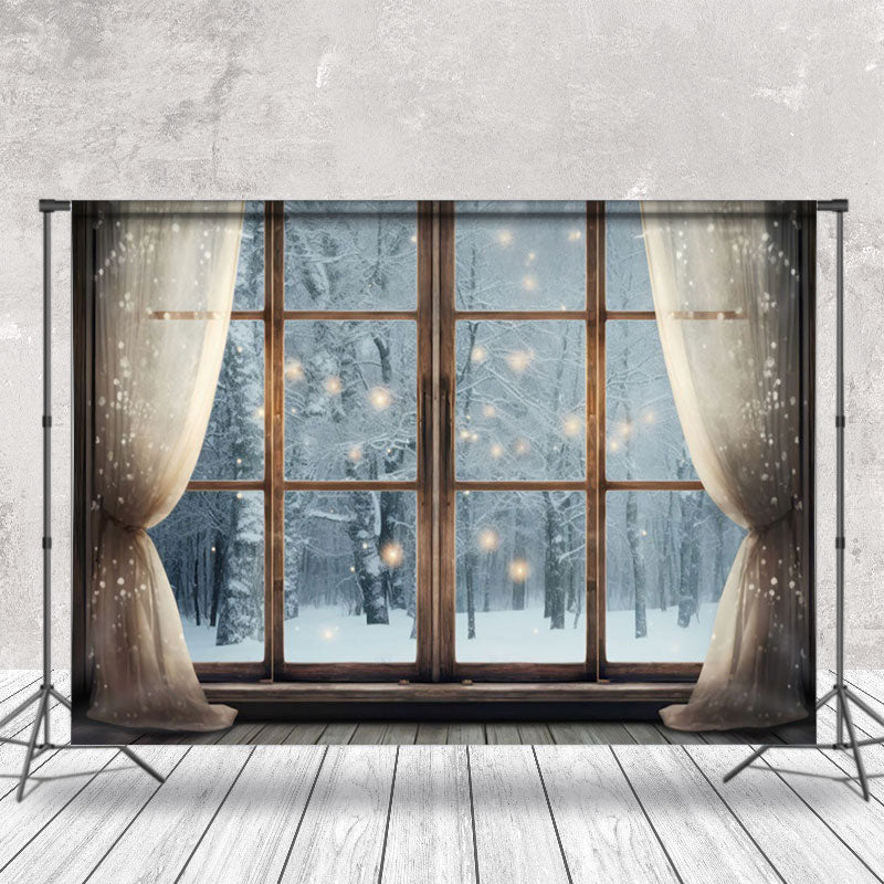 Aperturee - Aperturee Twinkle Light Window Winter Scene Christmas Backdrop