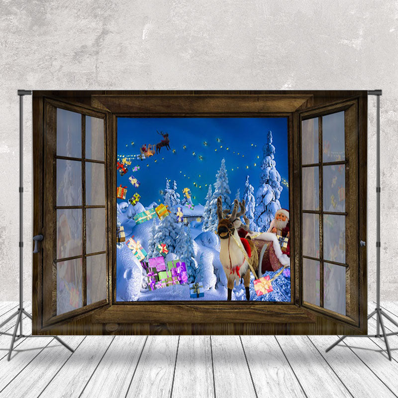 Aperturee - Aperturee Window Scene Snowy Forest Santa Christmas Backdrop