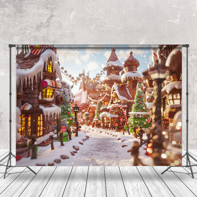 Aperturee - Aperturee Cartoon Festive Snowy Town Merry Christmas Backdrop