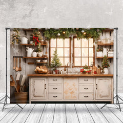 Aperturee - Aperturee Retro Kitchen Pine Leaves Merry Chritsmas Backdrop