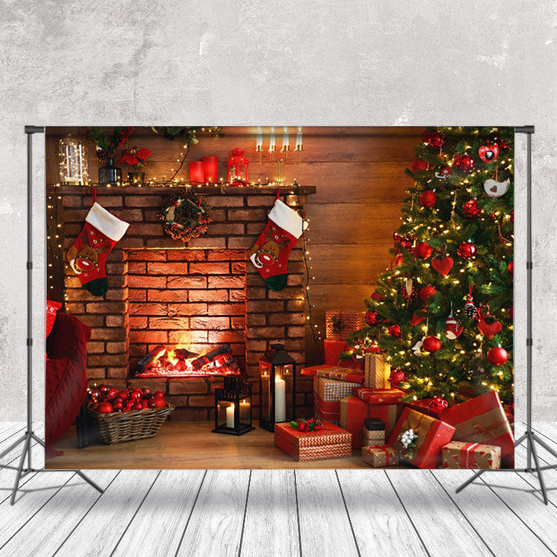 Aperturee - Aperturee Indoor Fireplace Gifts Tree Christmas Vibe Backdrop