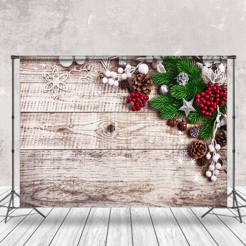 Aperturee - Aperturee Pine Leaf Pinecone Wooden Merry Christmas Backdrop