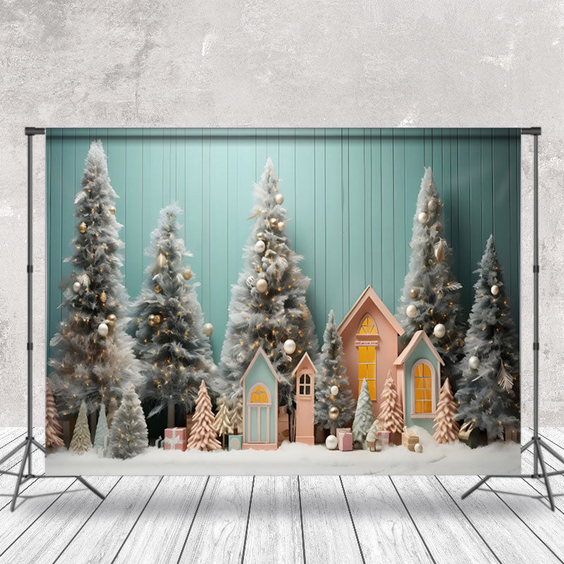 Aperturee - Aperturee Teal Wall Pine Trees House Christmas Photo Backdrop