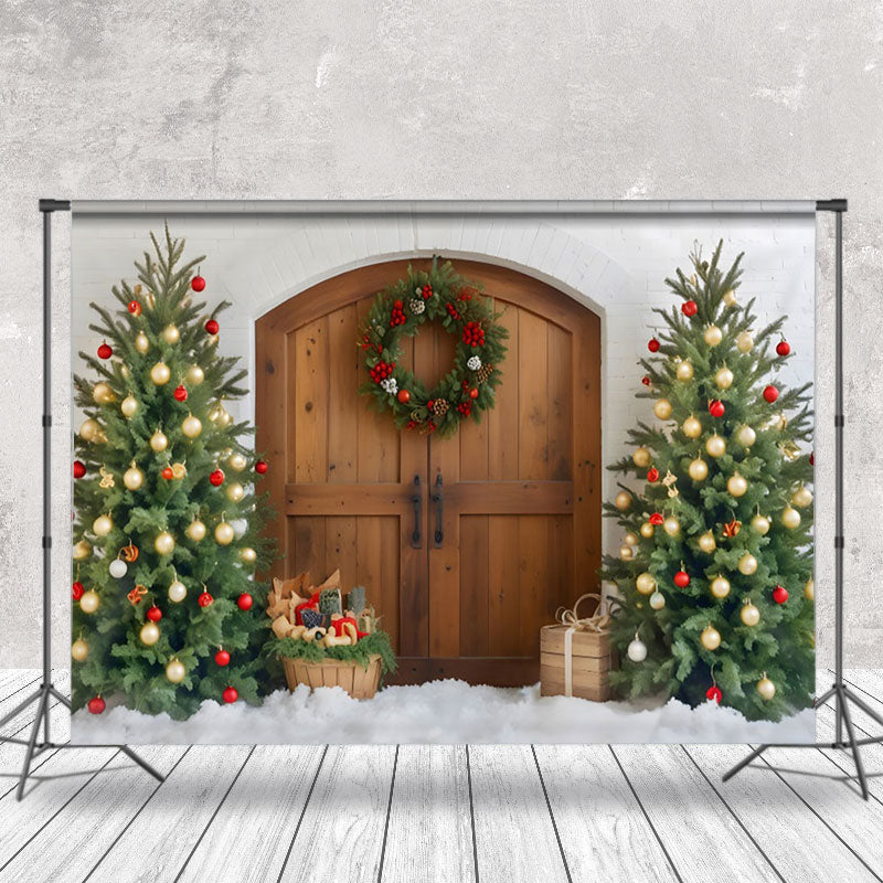 Aperturee - Aperturee Trees Wreath Bells Wooden Door Christmas Backdrop