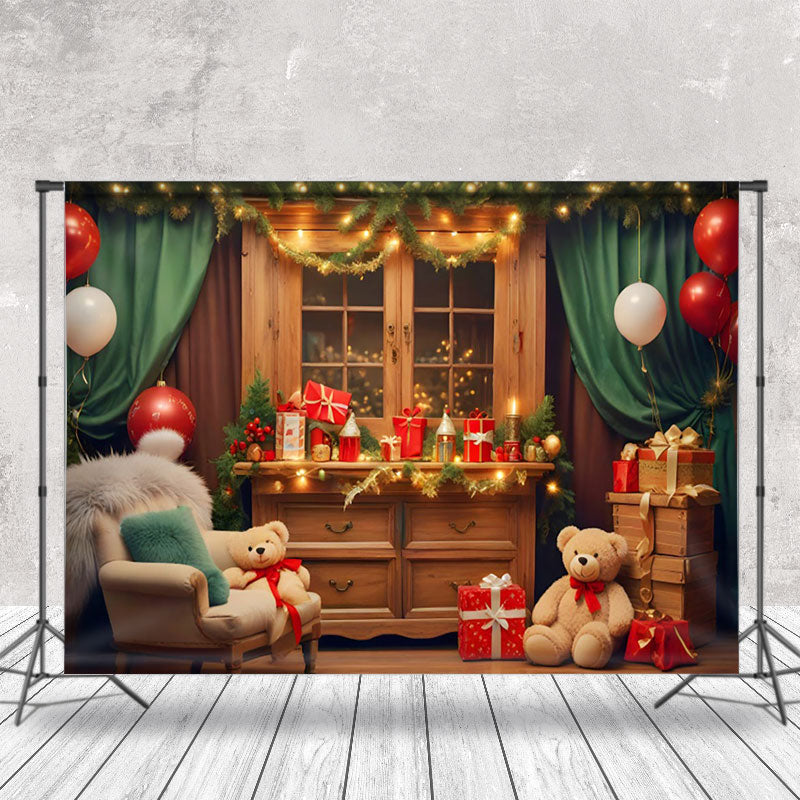 Aperturee - Aperturee Cozy Room Bears Xmas Tree Festive Christmas Backdrop