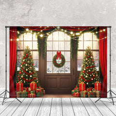 Aperturee - Aperturee Retro Door Snowy Forest Scene Christmas Backdrop