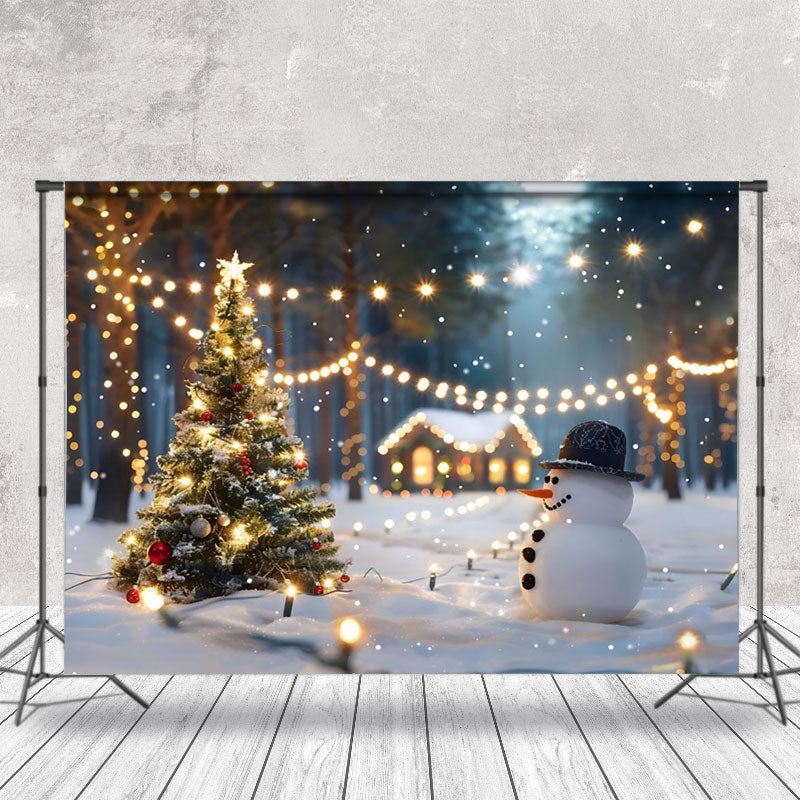 Aperturee - Aperturee Blurry Light Strip Snowman Trees Christmas Backdrop