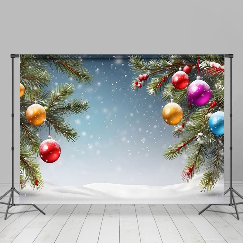 Aperturee - Aperturee Colorful Bells Pine Leaves Snowy Christmas Backdrop