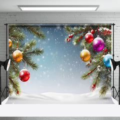 Aperturee - Aperturee Colorful Bells Pine Leaves Snowy Christmas Backdrop