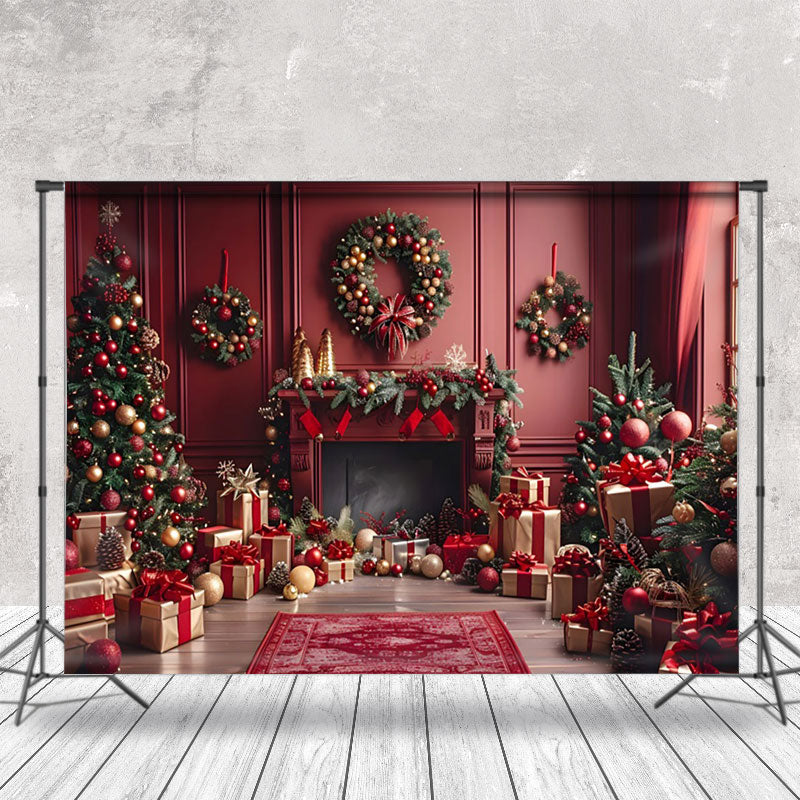 Aperturee - Aperturee Vintage Red Wall Gifts Trees Christmas Vibe Backdrop