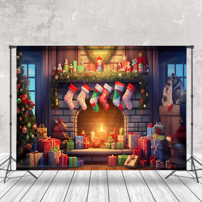 Aperturee - Aperturee Gift Trees Hanging Sock Fireplace Christmas Backdrop