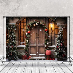 Aperturee - Aperturee Pine Leaves Bells Retro Wood Door Christmas Backdrop