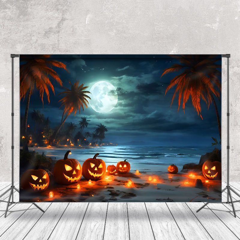 Aperturee - Spooky Pumpkin Coconut Tree Beach Halloween Backdrop