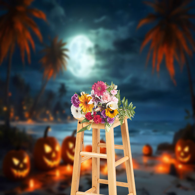 Aperturee - Spooky Pumpkin Coconut Tree Beach Halloween Backdrop