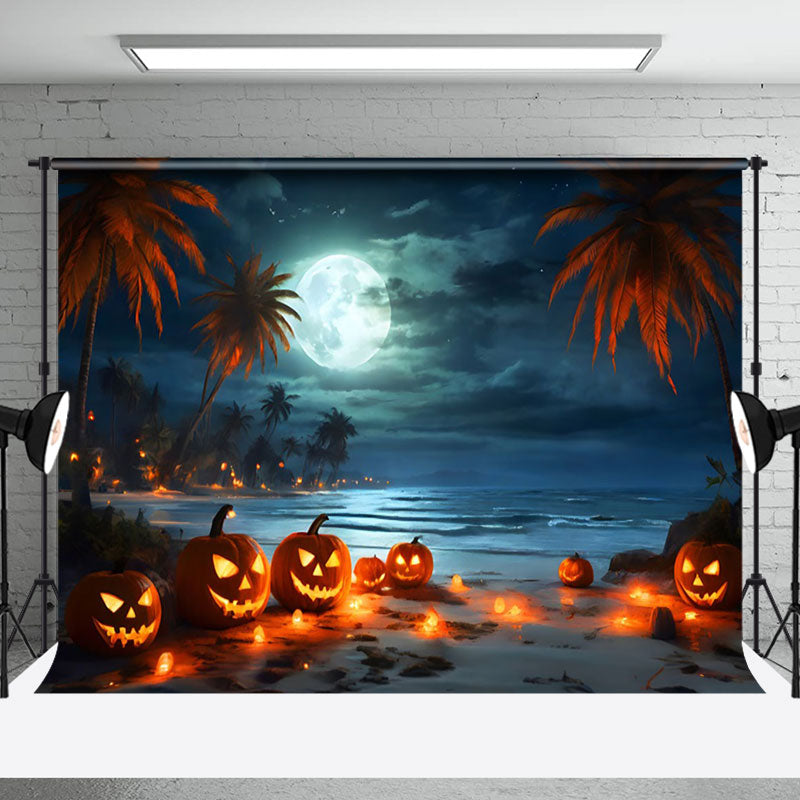 Aperturee - Spooky Pumpkin Coconut Tree Beach Halloween Backdrop