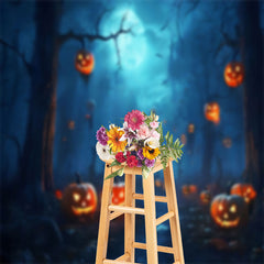 Aperturee - Misty Forest Pumpkins Moon Halloween Backdrop