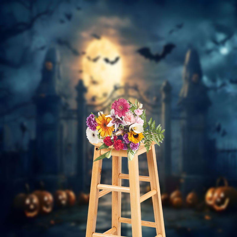 Aperturee - Spooky Night Moon Bat Pumpkin Halloween Backdrop