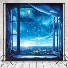 Aperturee - Blue Night Starry Quiet Town Window Backdrop