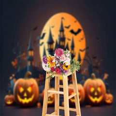 Aperturee - Castle Moon Night Pumpkins Halloween Backdrop