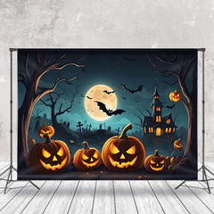 Aperturee - Scary Pumpkin Night Castle Bats Halloween Backdrop