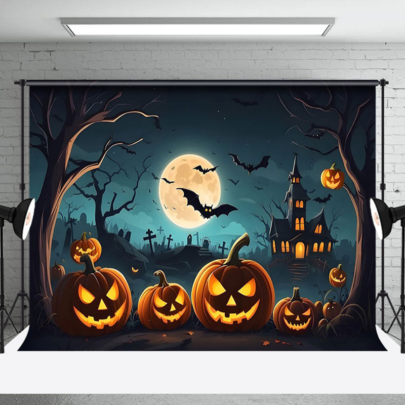 Aperturee - Scary Pumpkin Night Castle Bats Halloween Backdrop