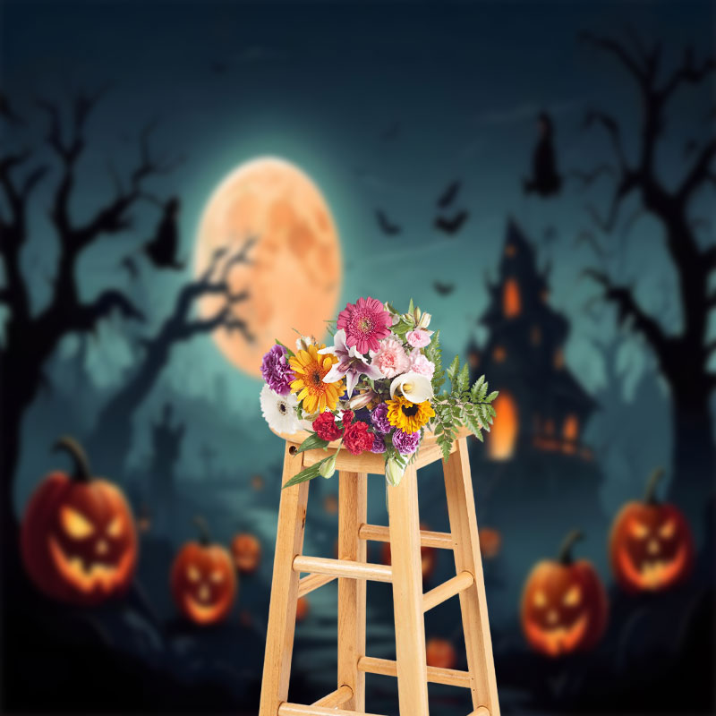 Aperturee - Foggy Forest Pumpkin Witch Spooky Halloween Backdrop