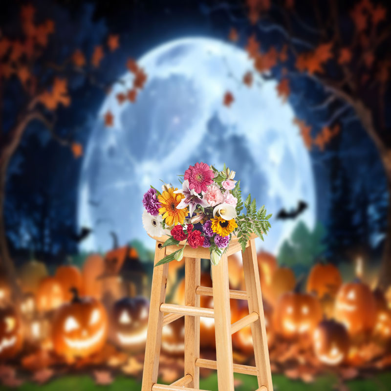 Aperturee - Autumn Leaves Pumpkin Moon Night Halloween Backdrop