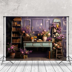 Aperturee - Bookshelf Purple Flower Old Desk Photo Backdrop