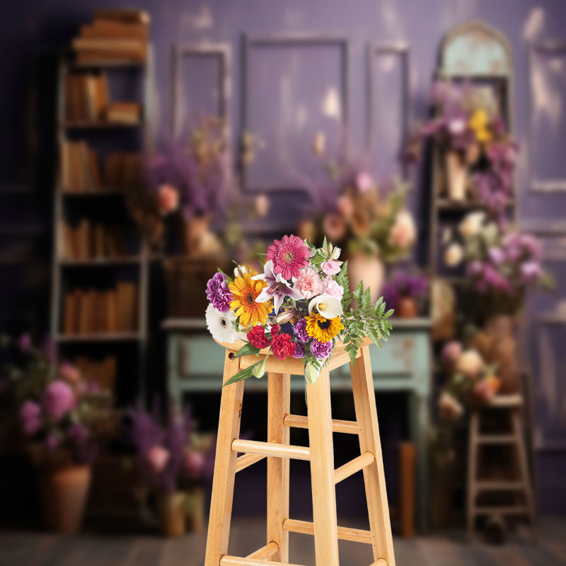 Aperturee - Bookshelf Purple Flower Old Desk Photo Backdrop