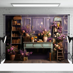 Aperturee - Bookshelf Purple Flower Old Desk Photo Backdrop