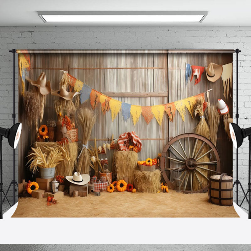 Aperturee - Haystack Wheel Pumpkin Autumn Photo Backdrop